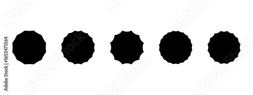 Sun, sunburst, sunlight or sunshine icons. Circular badges, labels, price or promocode tags with jagged wavy edges. Discount or sale stickers isolated on white background. Vector graphic illustration.