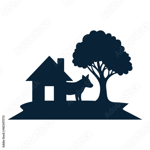 Silhouette of a house, a dog, and a tree on a white background, representing a simple, rustic, or rural lifestyle.