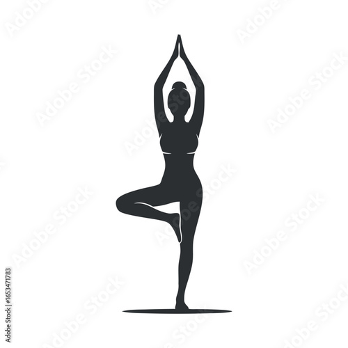 Silhouette of a woman performing the Tree Pose (Vrksasana) in yoga, symbolizing balance and wellness.