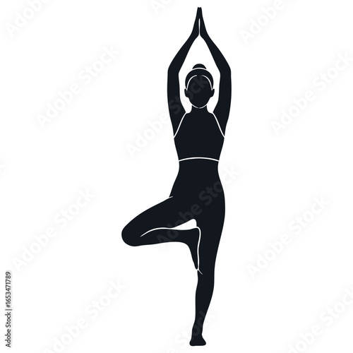 Silhouette of a woman performing the Tree Pose (Vrksasana) in yoga, with hands clasped overhead, on a white background.