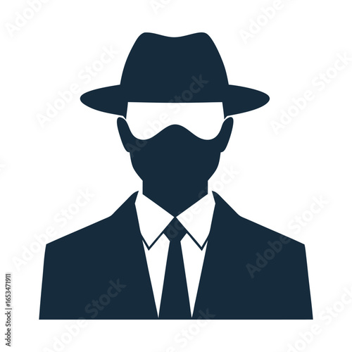 Silhouette of a mysterious person in a fedora hat, suit, and mask, conveying anonymity and intrigue.