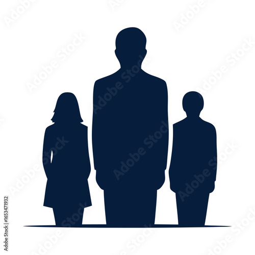 Silhouettes of a tall man and two shorter figures, possibly a woman and a child, standing together against a white background.