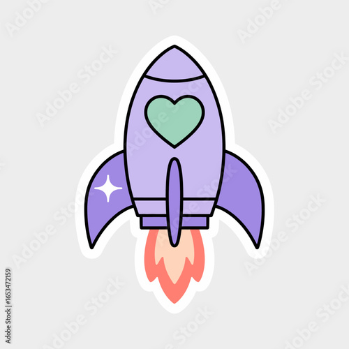 Cartoon purple rocket with a heart isolated on white background, a cute and modern design for space travel, love, and exploration, perfect for stickers and creative projects