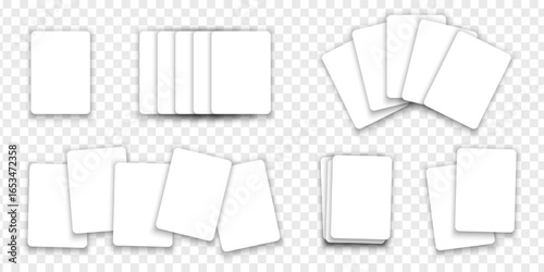 Empty white playing cards mockups isolated on transparent background. Set of playcard templates in different arrangements. Poker game concept. Vector realistic illustration.