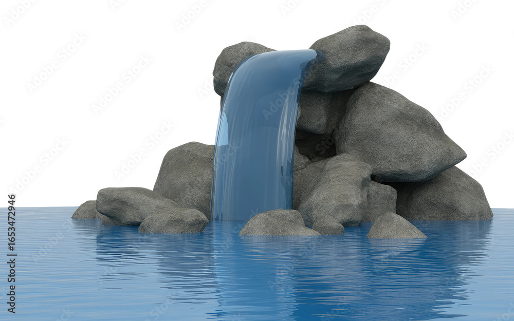 Fototapeta premium Serene waterfall cascades over rough rocks into calm blue water, creating a peaceful natural scene.
