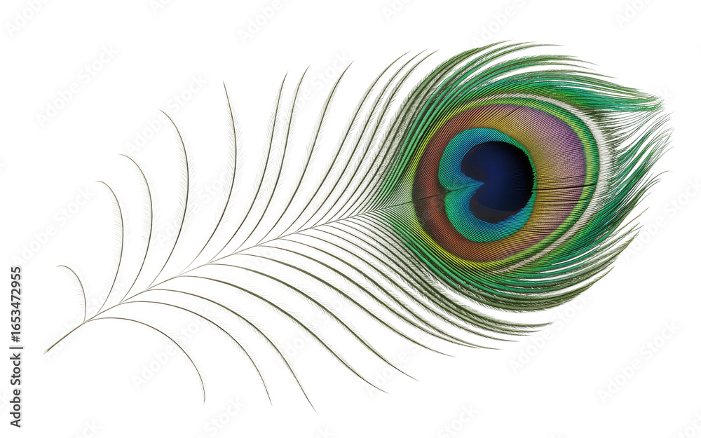 Obraz premium Stunning peacock feather showcases vibrant iridescent eye and delicate plume, perfect for elegant design projects.