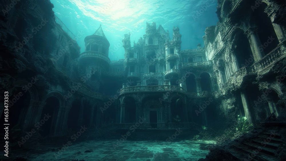 Obraz premium Sunken Gothic Palace Ruins Bathed in Ethereal Light