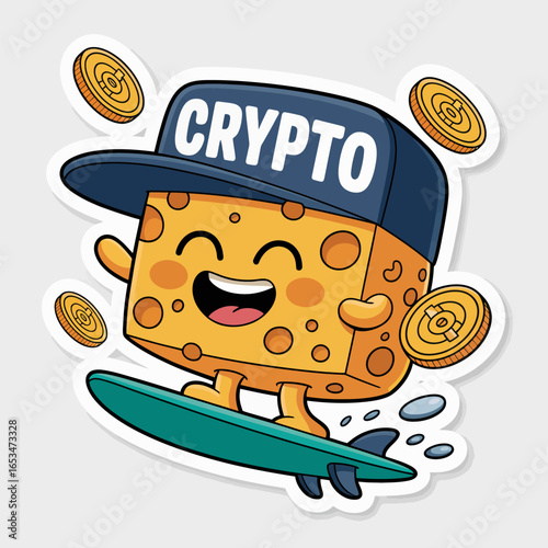 A cartoon cheese character with a crypto cap surfing on a wave with floating coins isolated on white background a fun and playful design for cryptocurrency and surfing enthusiasts
