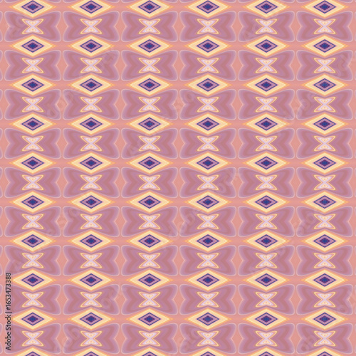 Abstract geometric butterfly-inspired pattern in pink and purple hues with diamond shapes.