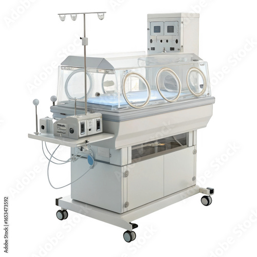 Advanced neonatal intensive care unit incubator with comprehensive monitoring equipment isolated on transparent background