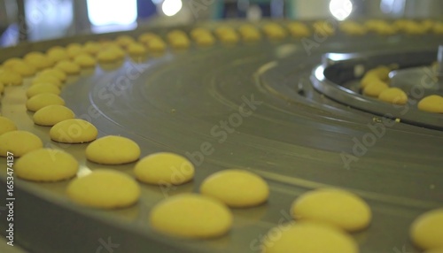 Circular conveyor belt carrying round cookies in a factory