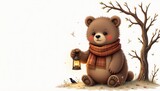 a storybook art of a brown bear with scarf holding a lantern in subdued neutrals, isolated on a white background with plenty of negative space.