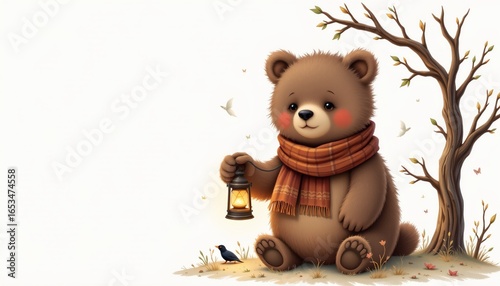 a storybook art of a brown bear with scarf holding a lantern in subdued neutrals, isolated on a white background with plenty of negative space.