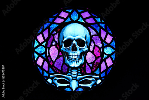 Stained glass window featuring a blue skull with skeleton hands, gothic design, dark background, mystical, religious, Halloween, art