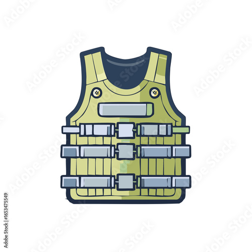 Illustration of a tactical military vest with various pouches and straps for gear attachment on a white background