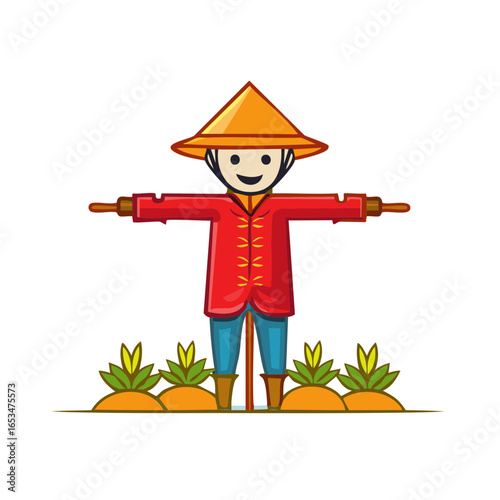 Cartoon scarecrow with conical hat and red coat guards green plants in soil during autumn season farming