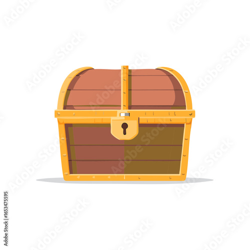 Cartoon Style Treasure Chest Closed Wooden Box with Golden Details