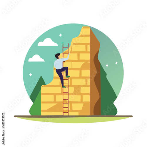 Person climbing a tall ladder up a large mountain striving for success