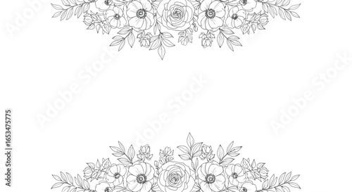 Botanical Illustration, Floral Designs, Artistic Display, Minimalist Style, Line Art, Elegant Framework, Nature Concept