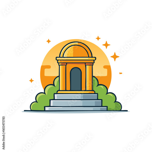 Majestic golden domed temple on stairs cartoon vector illustration with stars