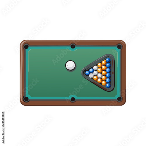 Billiard balls in a triangle rack on a green table for a game of pool top view