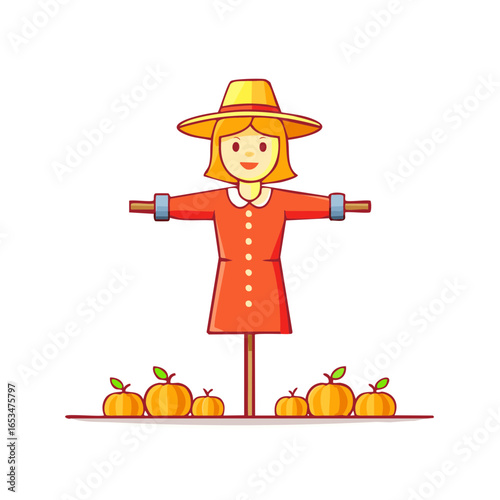 Cartoon style illustration of a friendly scarecrow with pumpkins, Autumn season concept