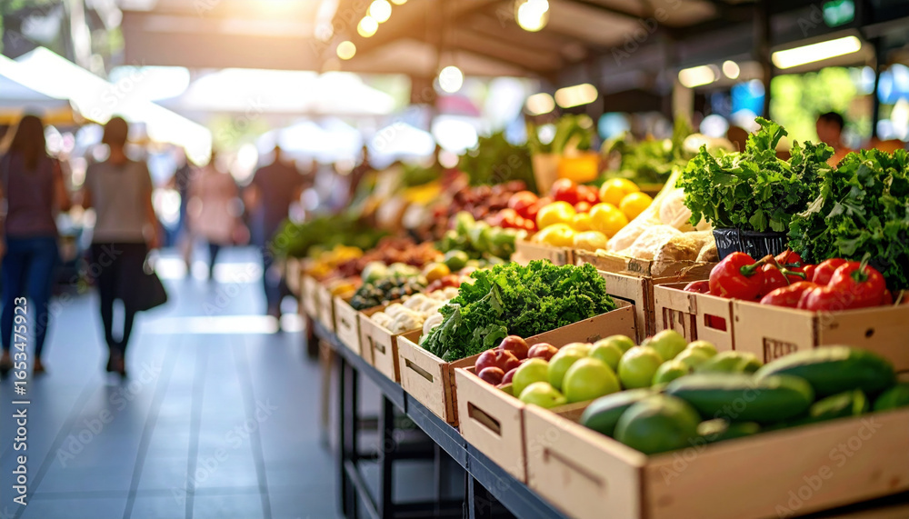 Fototapeta premium Fresh vegetables and fruits displayed at outdoor market stall with vibrant colors and natural lighting, creating lively and inviting atmosphere for shoppers