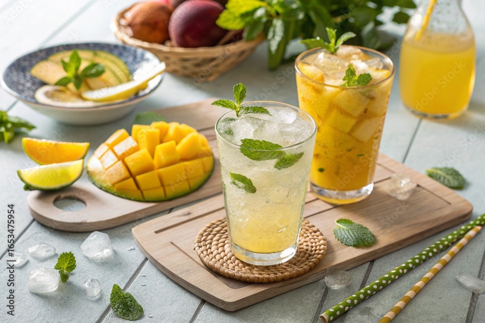 Fototapeta premium Cold homemade lemonade cocktail, mojito with mango slices, ice and fruits on sunny table