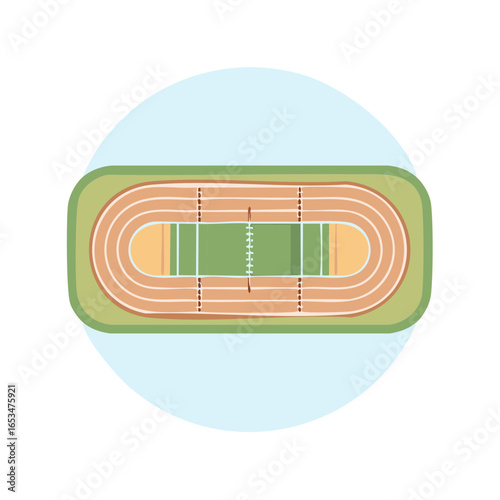 Aerial view of a sports stadium track and field with green field