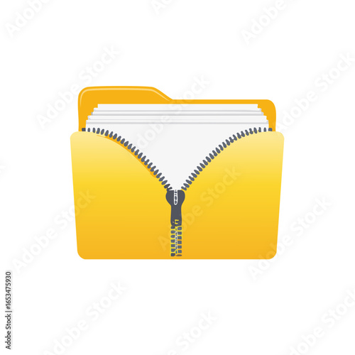 Yellow file folder with documents and partially opened zipper in illustration style