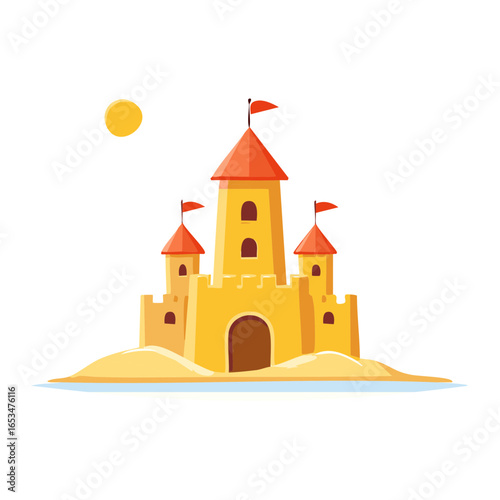 A sunny yellow sandcastle with red flags and towers stands on a sandy shore under a bright sun.