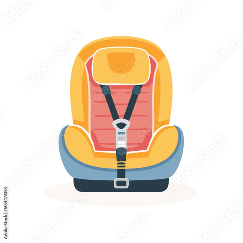 Comfortable and colorful child safety seat for toddler secure travels; Car seat illustration isolated on white for safety regulations