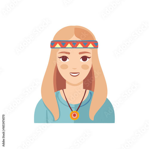 Bohemian Woman Portrait Illustration with Folk Headband and Long Blonde Hair