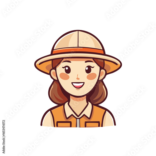 Cute cartoon illustration of a smiling female explorer in a safari hat and vest