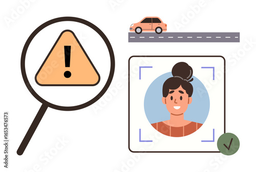 Magnifying glass scanning warning sign, car driving on a road, and biometric facial identification system. Ideal for authentication, security, caution, road safety, surveillance, AI user identity
