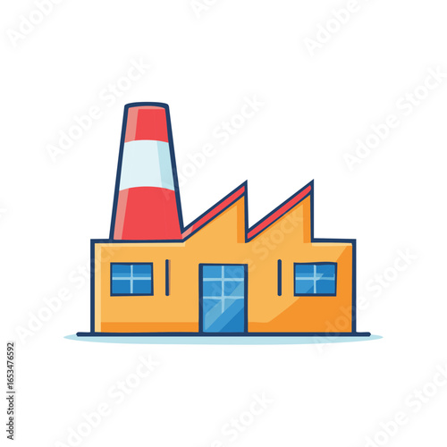 Cartoon illustration of factory building with tall chimney stack, illustration of manufacturing or industry