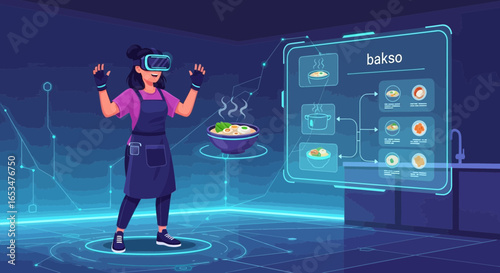 Chef using VR headset for interactive bakso recipe instruction experience