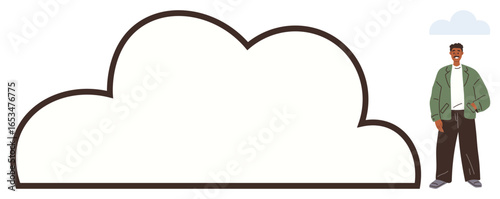 Smiling man in casual attire standing beside an oversized cloud outline, representing imagination, dreams, or digital concepts. Ideal for innovation, brainstorming, cloud computing, connection