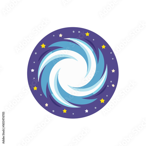 Stylized Vortex Illustration with Celestial Stars and Cosmic Orbits against a Dark Space Backdrop