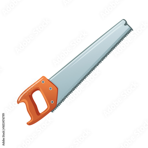 Illustration of a hand saw with orange handle and a silver blade, perfect for carpentry