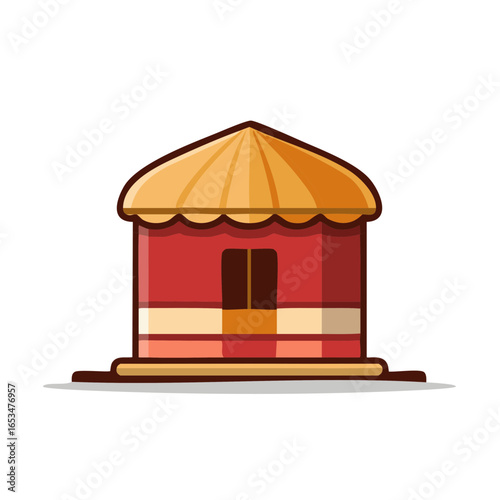 Isolated hut illustration with thatched roof, red walls, and brown trim, vector image, tropical house or shelter, cartoon style, isolated on white