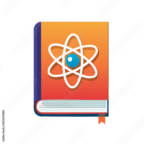 Vibrant educational science book with atomic structure symbol on the cover, representing learning and research