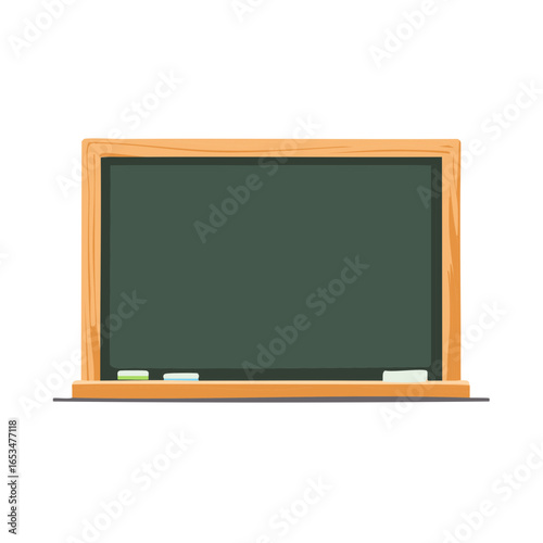 Blank green school chalkboard with wooden frame, chalk, and eraser for educational concepts