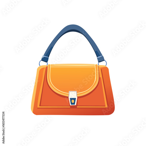 Stylish orange handbag with blue strap and metallic closure detail