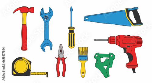 Hammer, Wrench, Screwdriver, and Drill on a Workbench for Home Projects in Creative Illustration Style