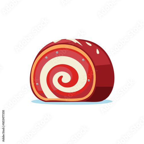 Cartoon red and white roll cake with spiral pattern filling for dessert sweet treat.