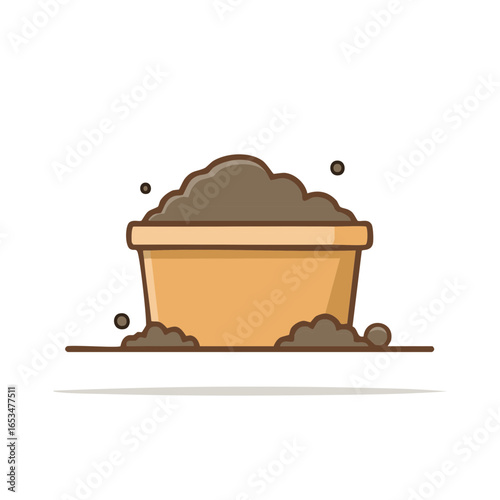 Cartoon style planter pot filled with rich brown soil for gardening hobby