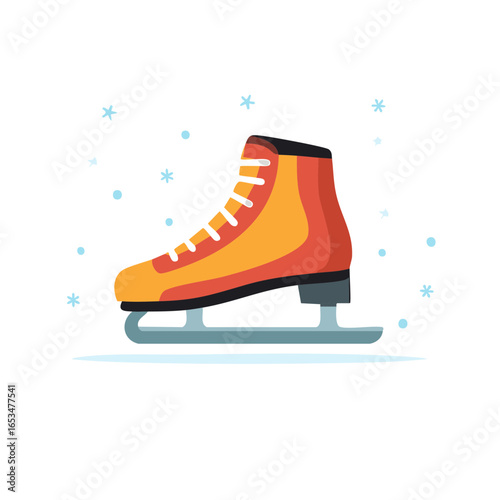Vibrant orange and red ice skate for winter sports fun with falling snowflakes