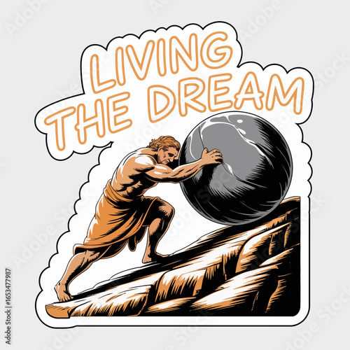 Sisyphus pushing a rock up a mountain, a symbol of struggle and determination isolated on white background
