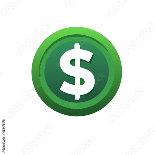 Isolated green dollar coin with a white dollar sign symbol, illustration of financial currency, wealth, economy, and cash.